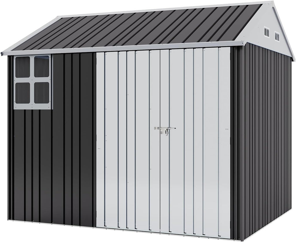 VanAcc 8.5x7.1x7.5 FT Galvanized Steel Outdoor Storage Shed, Lockable Double Hinged Doors and 4 Vents, Metal Shed for Backyard Storage, Dark Black/White