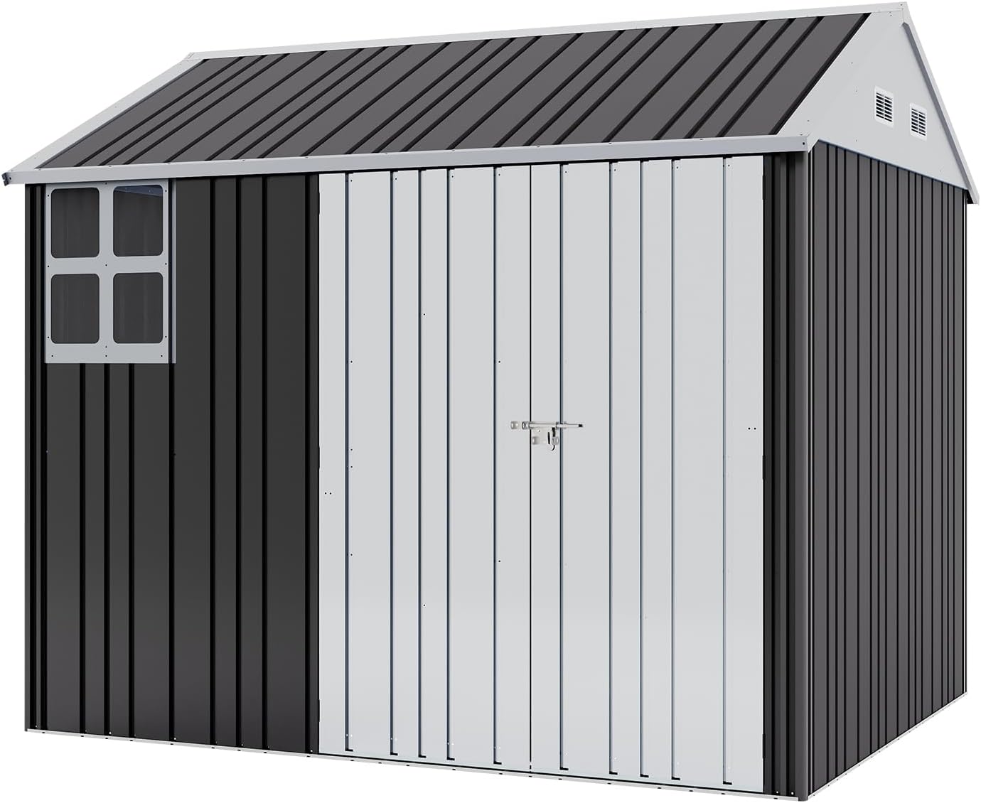 VanAcc 8.5x7.1x7.5 FT Galvanized Steel Outdoor Storage Shed, Lockable Double Hinged Doors and 4 Vents, Metal Shed for Backyard Storage, Dark Black/White