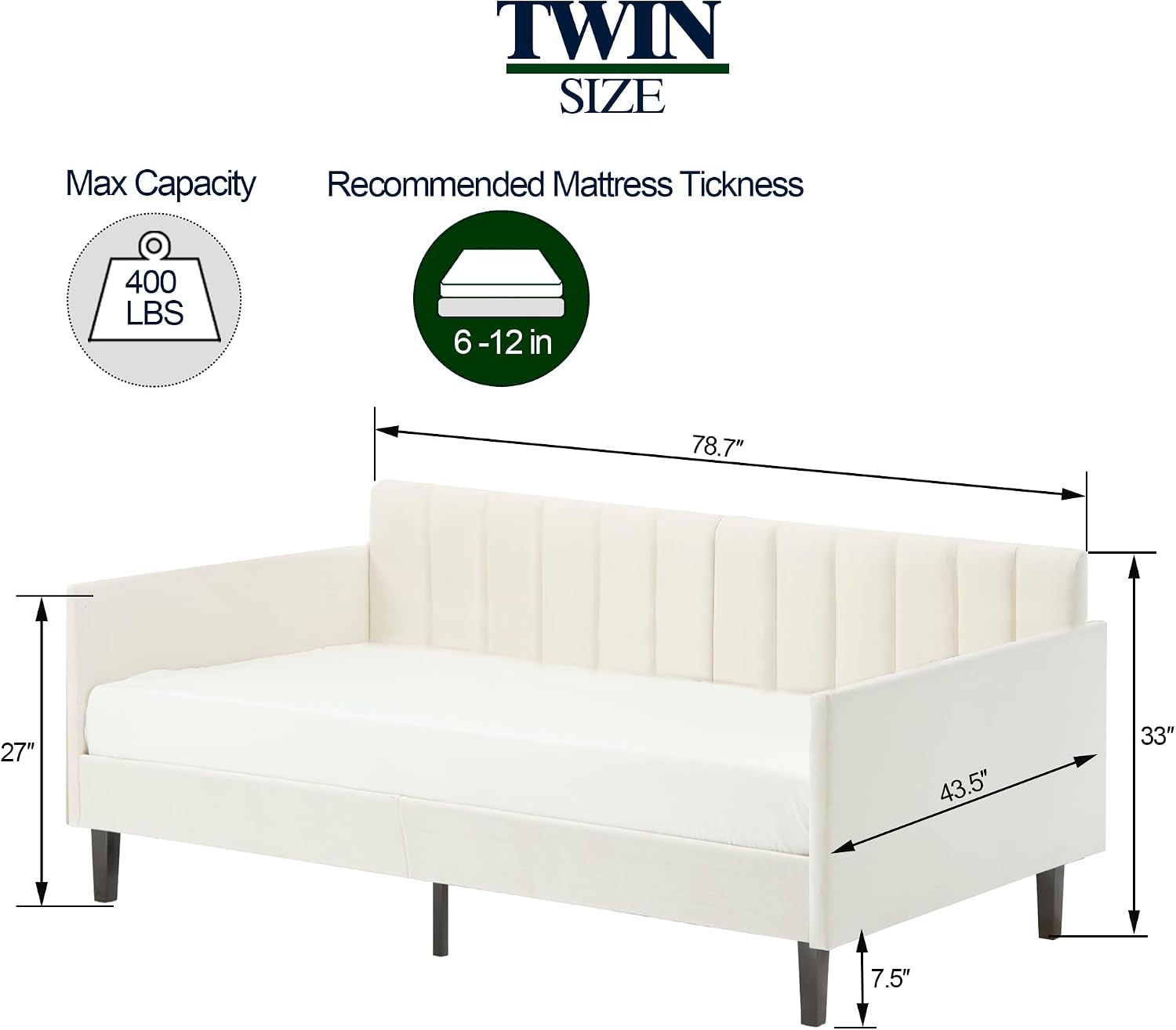 GDFStudio Twin Size Upholstered Daybed, Futon Sofa Bed Ribbed Tufted Backrest Lavish Modern Design, Couch Bed Frame for Bedroom Living Room Guest Room Apartment,Beige Velvet