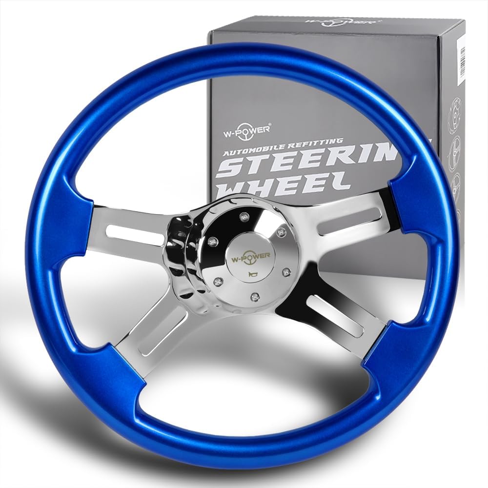 W-Power, 16' Universal 406mm 5 Bolt Hole 2 Inches Deep with Aluminum Polished Vintage Style Wood Grip Steering Wheel, Chrome Horn Button (Blue Wood Grip/Chrome Spokes)