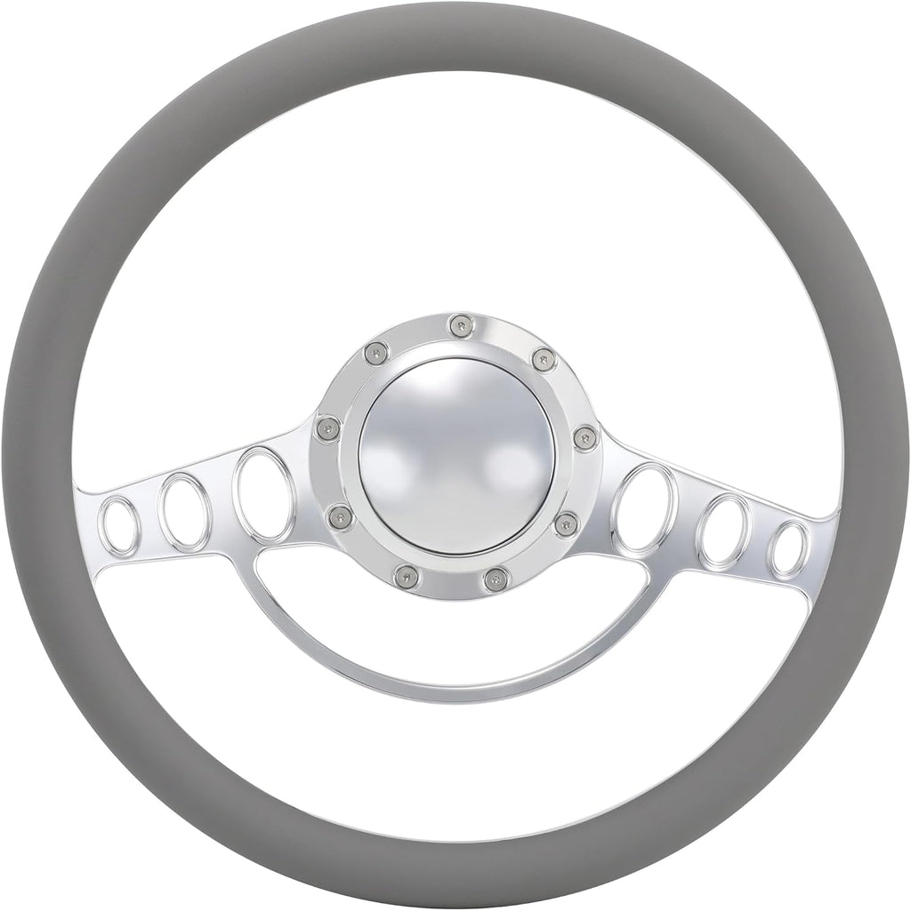 14'' Billet Half Wrap 9 Bolts Steering Wheel with 2'' Dish and Horn Button (Light Grey)