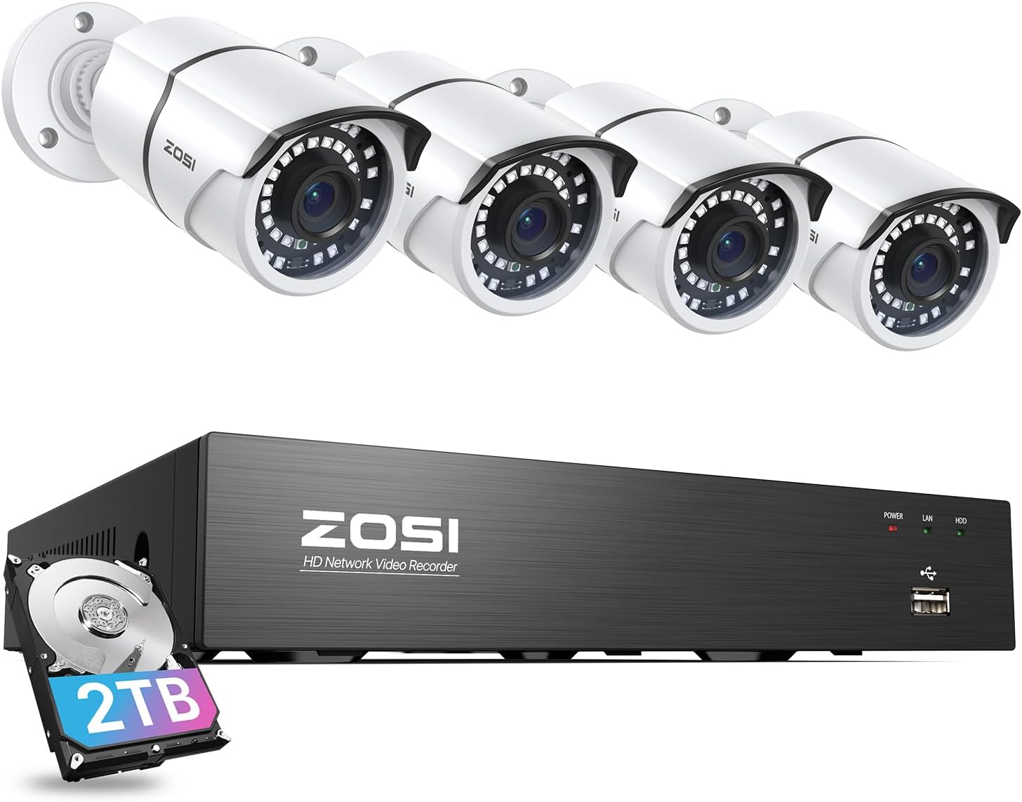 ZOSI 8CH 5MP 2K+ PoE Security Cameras System Outdoor with 2TB Hard Drive,H.265+ 5MP 8Channel NVR System and 4pcs Wired 5MP IP67 Weatherproof 120ft Night Vision PoE IP Cameras for 24/7 Recording