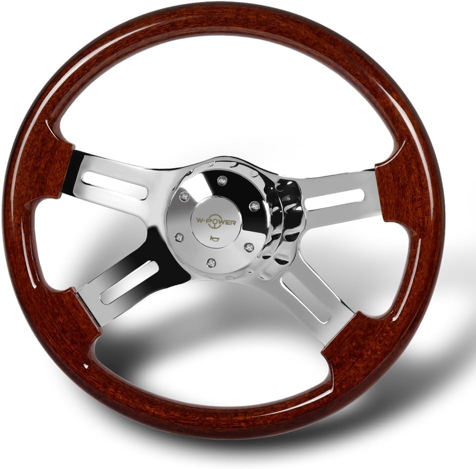 W-Power, 16' Universal 406mm 5 Bolt Hole 2 Inches Deep with Aluminum Polished Vintage Style Wood Grip Steering Wheel, Chrome Horn Button (Dark Wood Grip/Chrome Spokes)