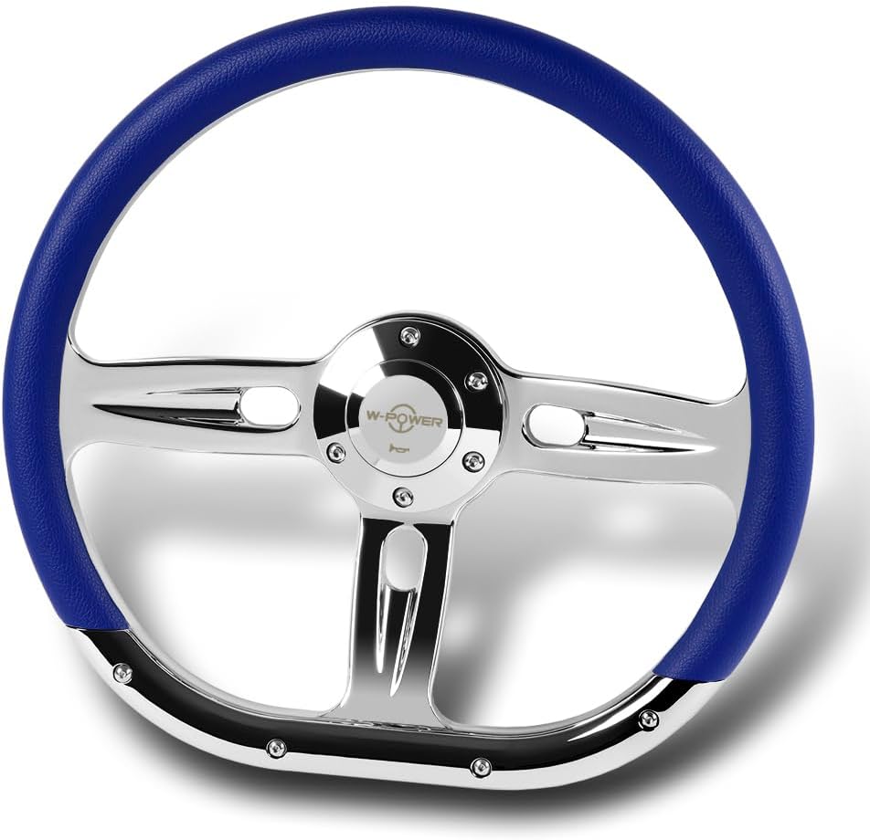 W-Power, 14' Universal 350mm 6 Bolt Hole Aluminum Polished Vinyl Wrap Leather Trim Steering Wheel, Chrome Horn Button JDM Euro VIP Style, 2' Deep (Blue Vinyl Wrap Leather)