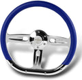 W-Power, 14' Universal 350mm 6 Bolt Hole Aluminum Polished Vinyl Wrap Leather Trim Steering Wheel, Chrome Horn Button JDM Euro VIP Style, 2' Deep (Blue Vinyl Wrap Leather)