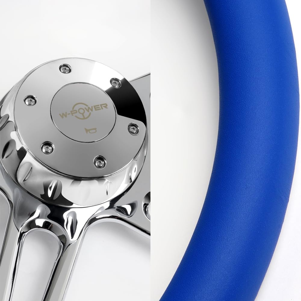 18' Universal 457mm 5 Bolt Hole 2 Inches Deep, Vintage Style Leather Grip Steering Wheel with Hub Adapter Compatible with T04 Kenworth, Peterbilt All Models (Blue Leather Grip)