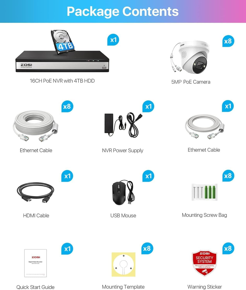 ZOSI 16CH 4K PoE Security Camera System,8X 5MP Outdoor Indoor PoE Cameras with 2-Way Audio,Person Vehicle Detection,Color Night Vision,16Channel 8MP NVR with 4TB HDD for Home Business 24/7 Recording