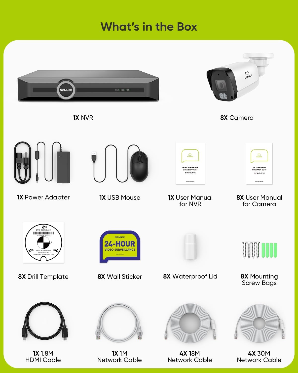 SANNCE 5MP Bullet Surveillance Camera System, 8CH 6MP NVR with 8PCS 5MP HD Weatherproof PoE Security Cameras with H.265 Video Compression, Smart IR LED, APP Push Alert, Remote Access (NO HDD)