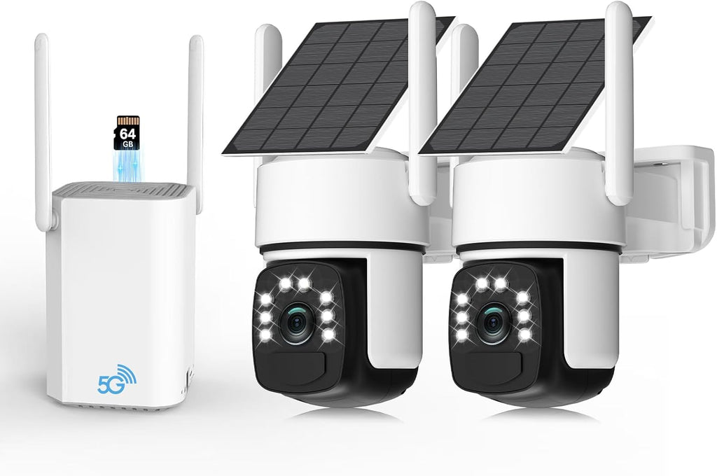 Solar Security Cameras Wireless Outdoor,2 Cam-Kit,Solar-Powered,No Subscription,Home Security Cameras System with 4MP Color Night Vision,Auto Tracking,Spotlight & Siren,64GB Memory Card, 2.4 & 5G WiFi