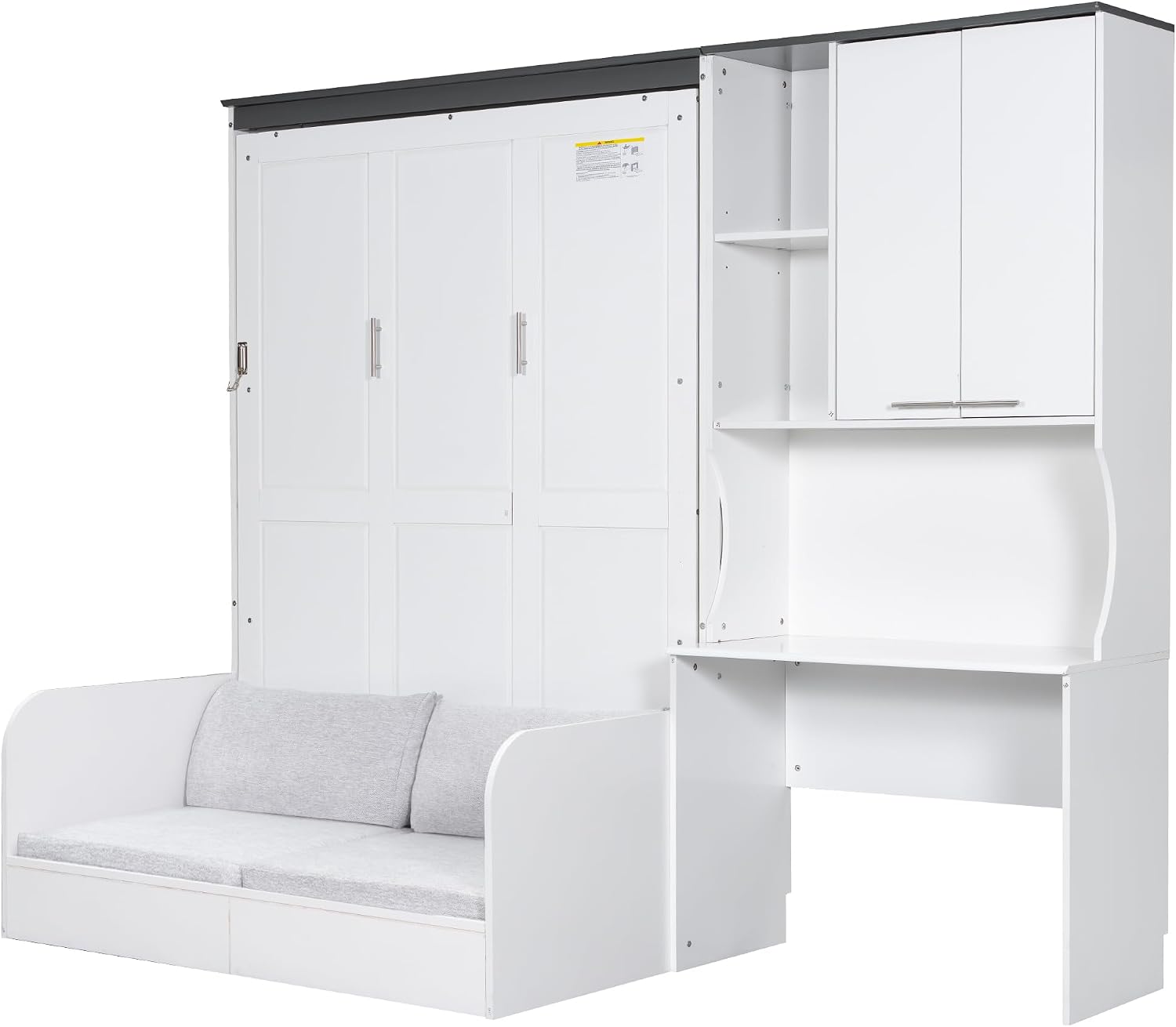 Merax Farmhouse Multi-Functional Murphy Bed with Sofa, Desk & Storage Cabinet,Solid Wood Foldable Wall Bed/Space Saving/No Box Spring Needed/Full,White + Gray