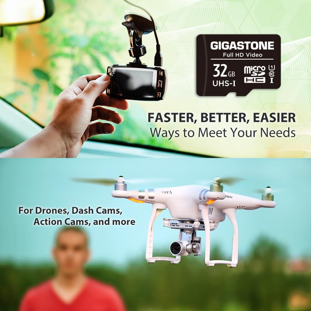 Gigastone 32GB Micro SD Card Full HD Video Surveillance Security Camera Action Camera Drone Micro SDHC UHS-I U1 C10 90MB/s (Pack of 10)