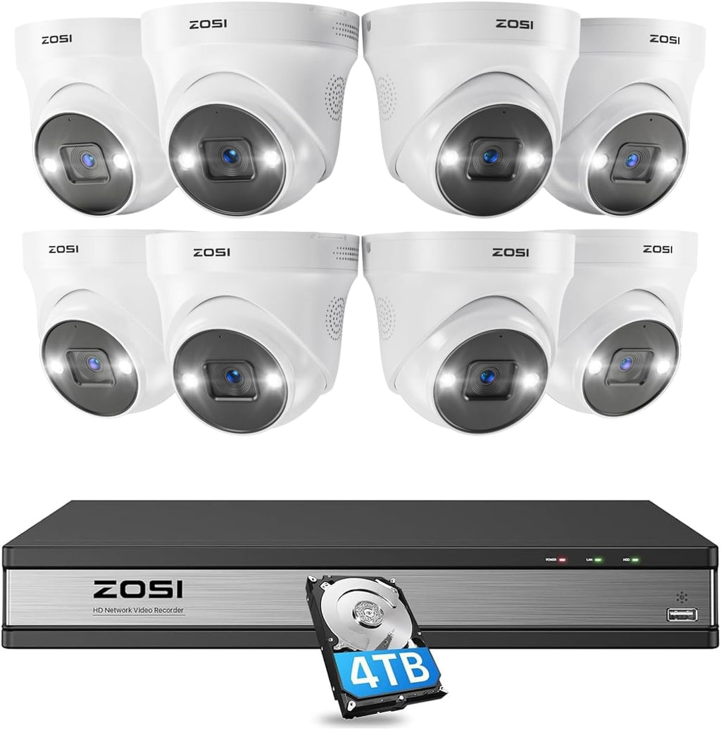 ZOSI 16CH 4K PoE Security Camera System,8X 5MP Outdoor Indoor PoE Cameras with 2-Way Audio,Person Vehicle Detection,Color Night Vision,16Channel 8MP NVR with 4TB HDD for Home Business 24/7 Recording
