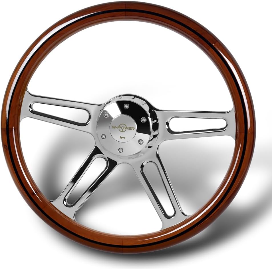 18' Universal 457mm 5 Bolt Hole 2 Inches Deep, Vintage Style Wood Grip Steering Wheel with Hub Adapter Compatible with T04 Kenworth, Peterbilt All Models (Dark Wood Grip)