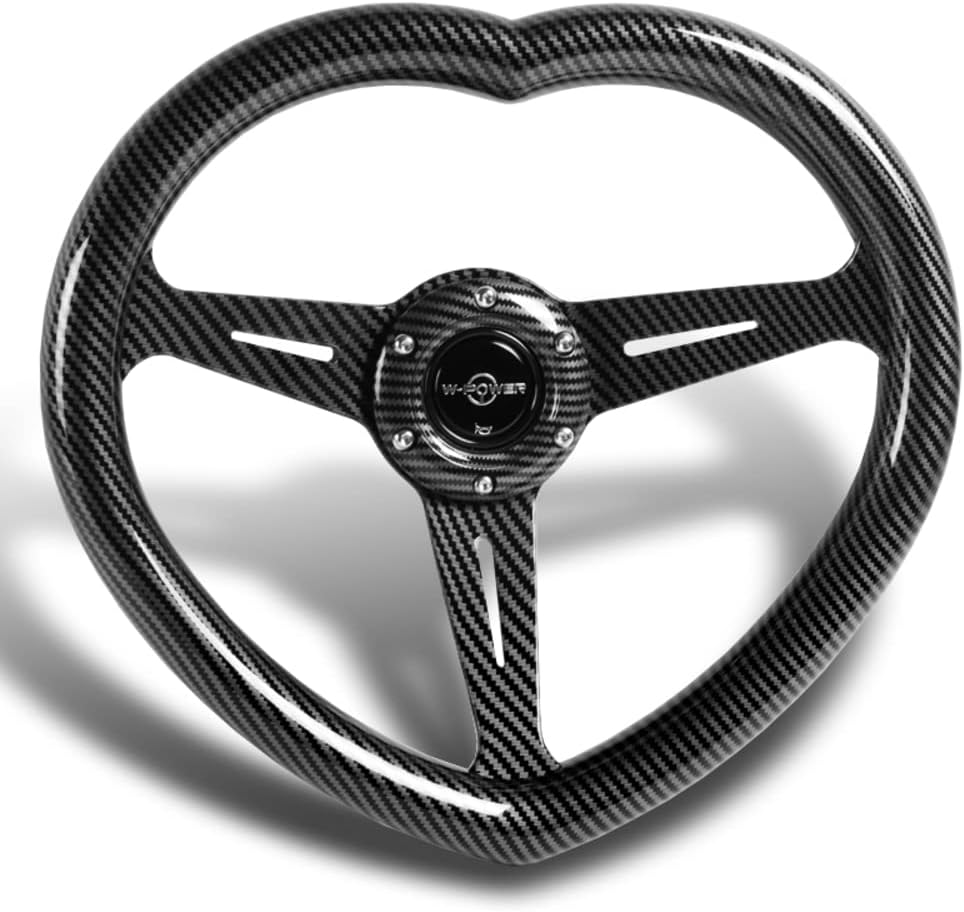 W-Power,13.5' Universal 343mm 6 Bolt Hole 3-Inche Deep Dish Aluminum Polished Heart-Shaped with Wood Grip Steering Wheel, Black Horn Button JDM Euro VIP Style, 3-Spoke (Carbon Black)