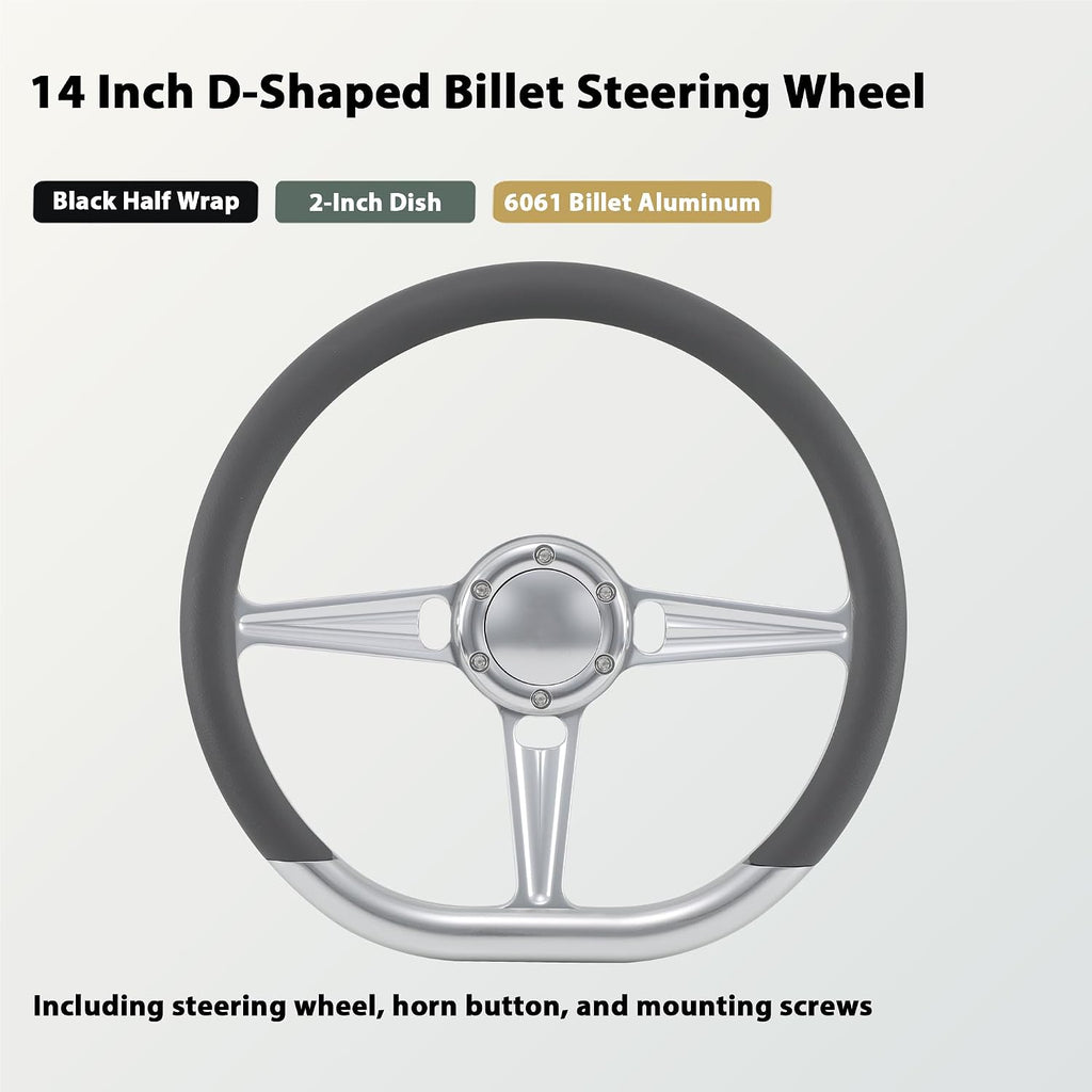 14' Satin Billet Steering Wheel with Half Wrap and Horn Button (Light Grey)