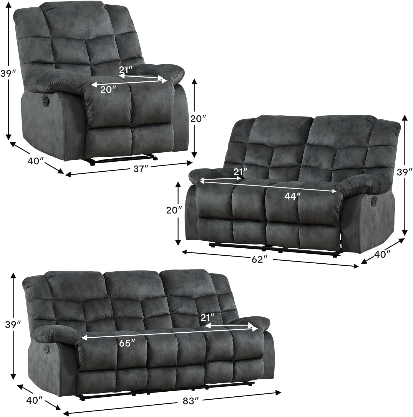 CANMOV Manual Reclining Sofa Set, 3 Pieces Recliner Sofa Set, Manual Recliner Chair, Reclining Loveseat and 3-Seat Sofa for Living Room, 3 Pieces Furniture Set, Grey (1+2+3)