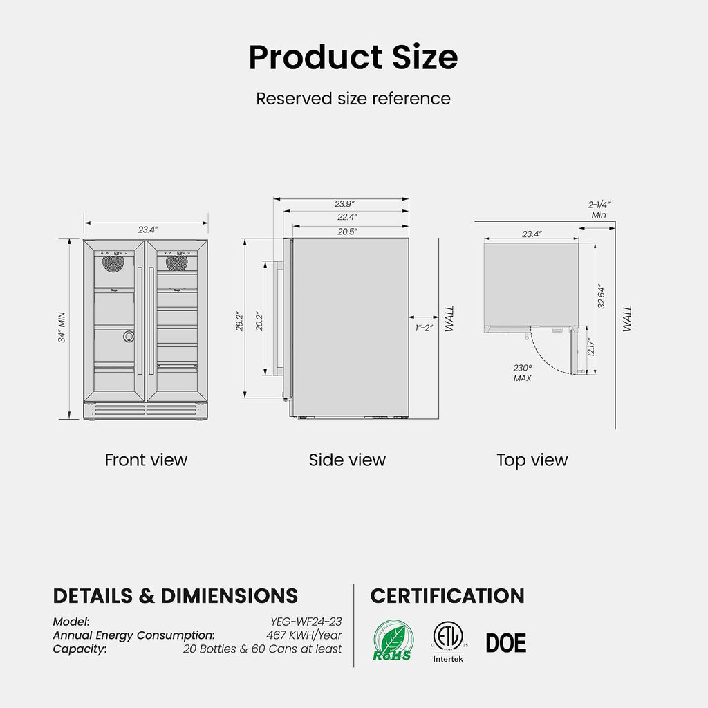 Yeego Wine and Beverage Refrigerator 24', Dual Zone Beverage Cooler Wine Fridge with Upgrade Quiet Cooling, Anti-UV Glass Door, 20 Bottles & 60 Cans Large Capacity, Built-in/Freestanding/Undercounter