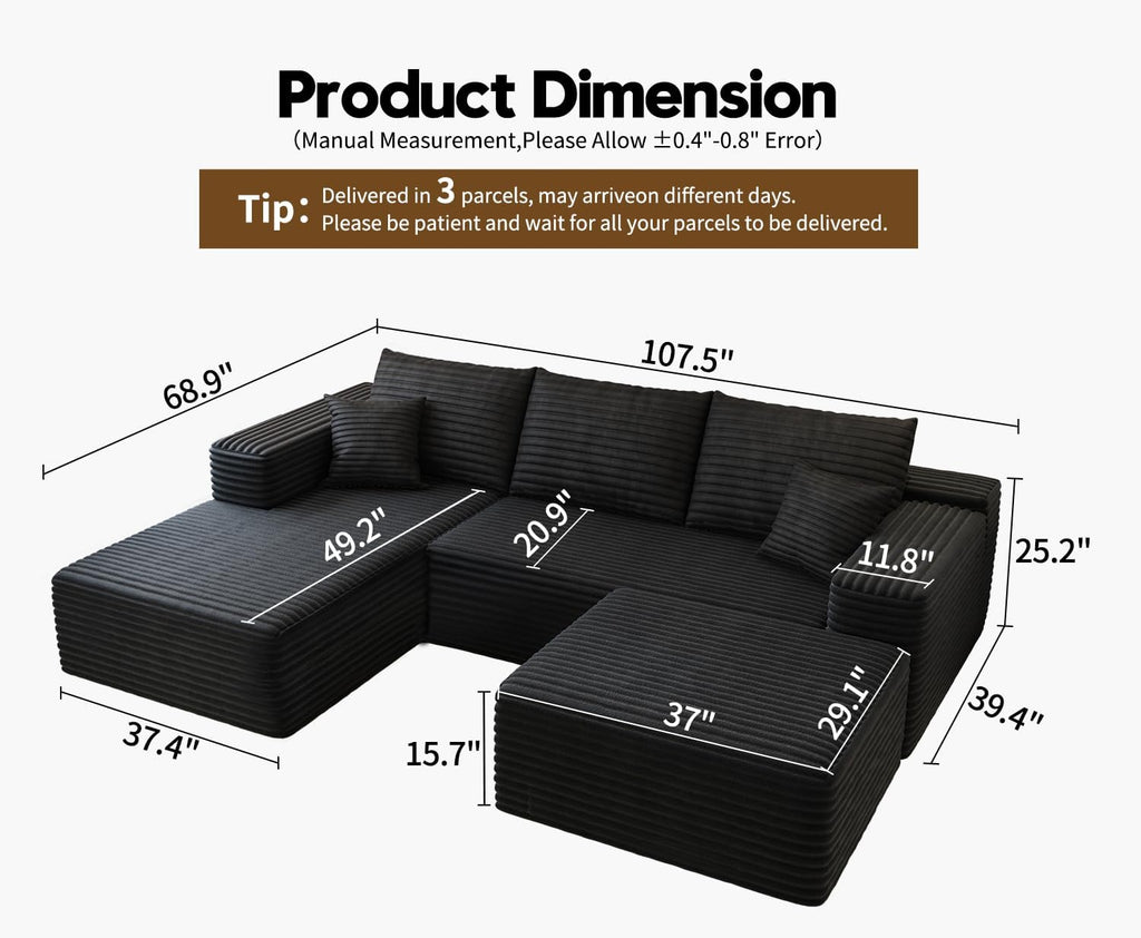 107.5' Cloud Sectional Couch with 1 Ottoman,Modern Modular Sofa with Deep Seat, Comfort U Shaped Sofa Couches for Living Room Bedroom Apartments,No Assembly Required, (Black,Left Facing Chaise)