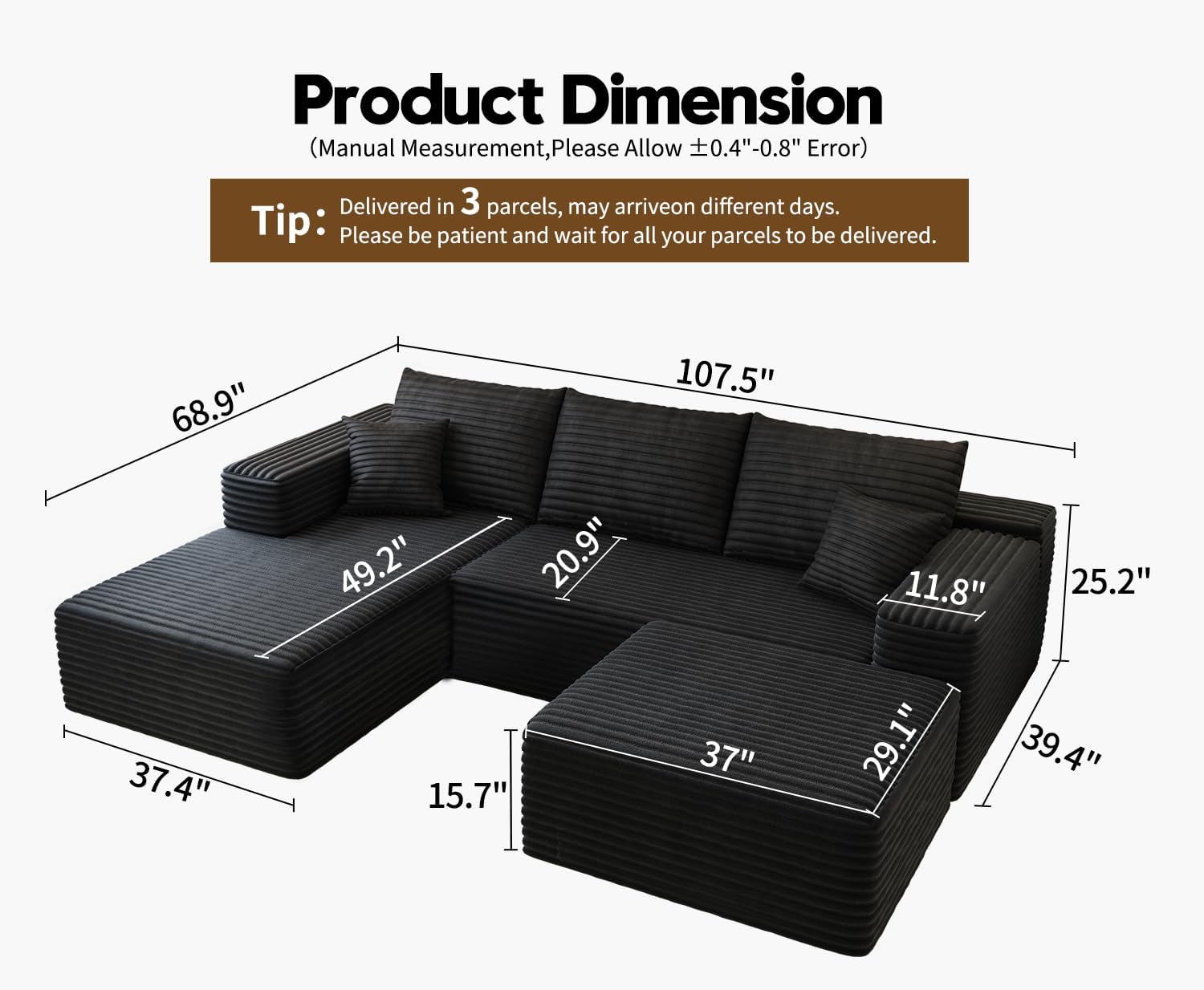 107.5' Cloud Sectional Couch with 1 Ottoman,Modern Modular Sofa with Deep Seat, Comfort U Shaped Sofa Couches for Living Room Bedroom Apartments,No Assembly Required, (Black,Left Facing Chaise)
