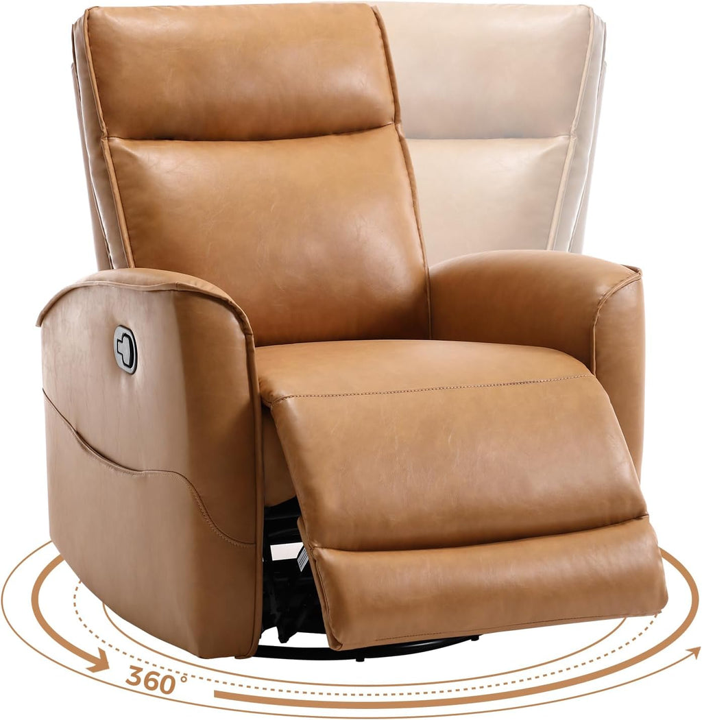 CANMOV Leather Recliner Chair, Swivel Rocker Recliner Chair, 360°Swivel Nursery Glider Recliner, Manual Recliner for Small Spaces,Living Room,Bedroom,Brown