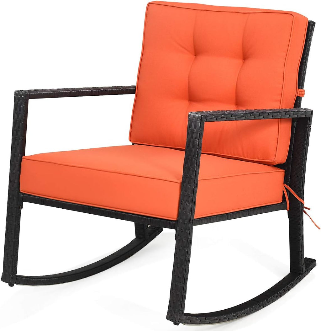 Tangkula Wicker Rocking Chair, Outdoor Rattan Rocker Chair with Heavy-Duty Steel Frame, Patio Furniture Seat with 5' Thick Cushion for Garden, Porch, Backyard, Poolside (1, Orange)