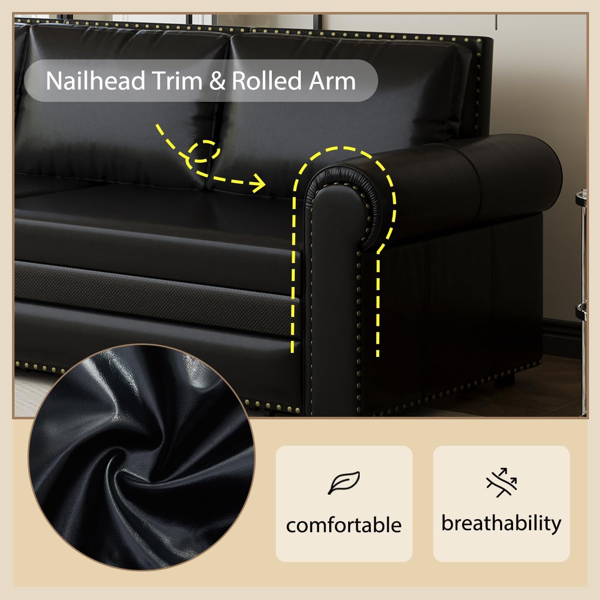 Eafurn 93.7' King Size Pull Out Sofa Bed, 3-in-1 Convertible Sleeper Sofa Couch Bed with Nailhead Decor and Rolled Arms, Faux Leather Oversized Chesterfield Loveseat Chaise Lounge