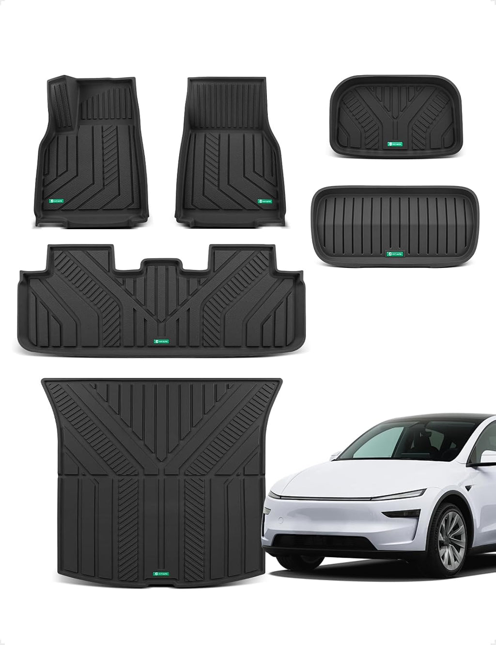 YHTAUTO Floor Mats & Cargo Liners for Tesla Model Y Juniper 2025 2026, TPE Floor Liners All Weather Custom Fit, 1st & 2nd Row & Frunk Mat & Cargo Trunk Mat & Lower Storage Mat, Set of 6, Black
