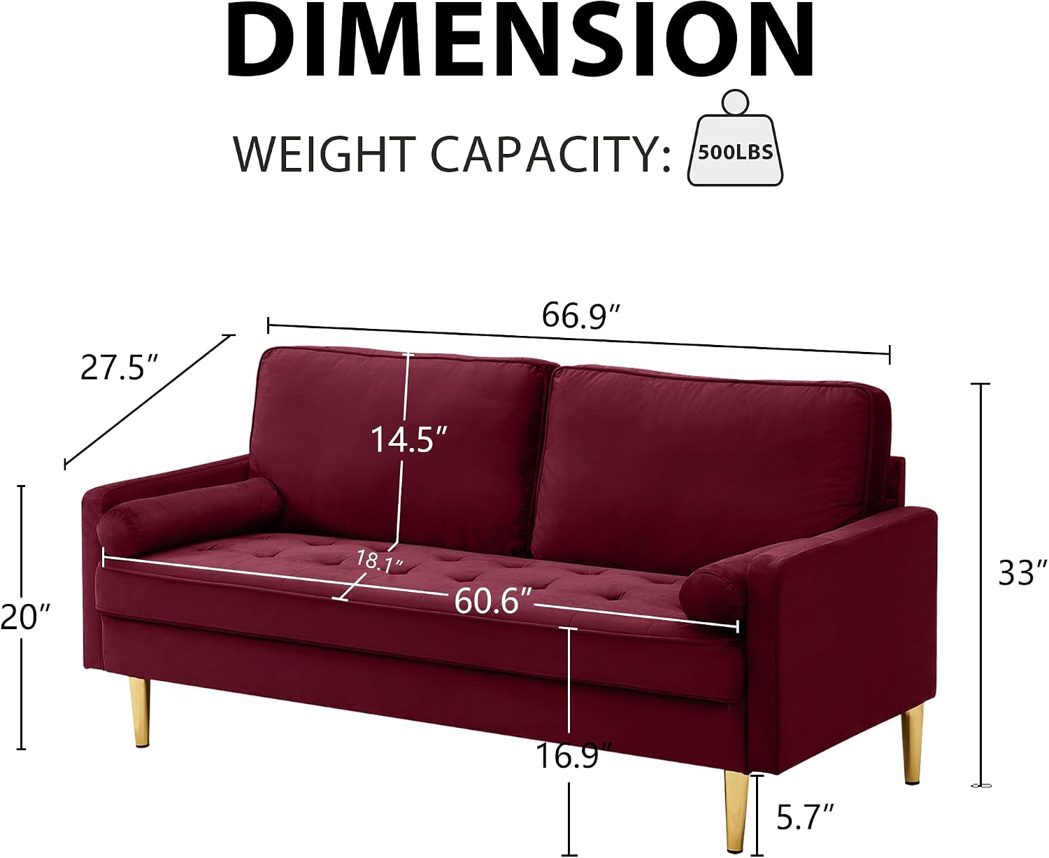 67' Modern Velvet Loveseat Sofa Couch, Mid-Century Tufted Upholstered Small Love Seat Couch with 2 Pillows & 4 Golden Legs, 2-Seats Couches for Compact Space, Living Room, Apartment (Burgundy)
