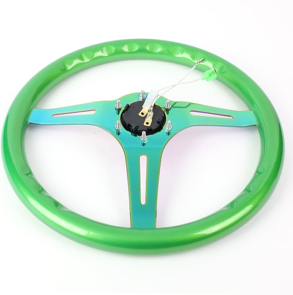 NRG Innovations NRG-ST-015MC-GN Classic Wood Grain Steering Wheel, 350mm 25mm Deep, 3 Neochrome Spokes, Green Pearl/Flake Paint