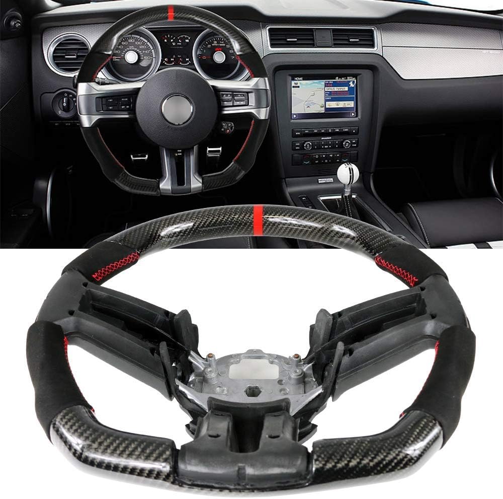 IKON MOTORSPORTS, Steering Wheel Compatible With 2010-2014 Ford Mustang, Black Carbon Fiber & Synthetic Suede Steering Wheel Brushed Kit With Red Stitching & Indicator, 2011 2012 2013