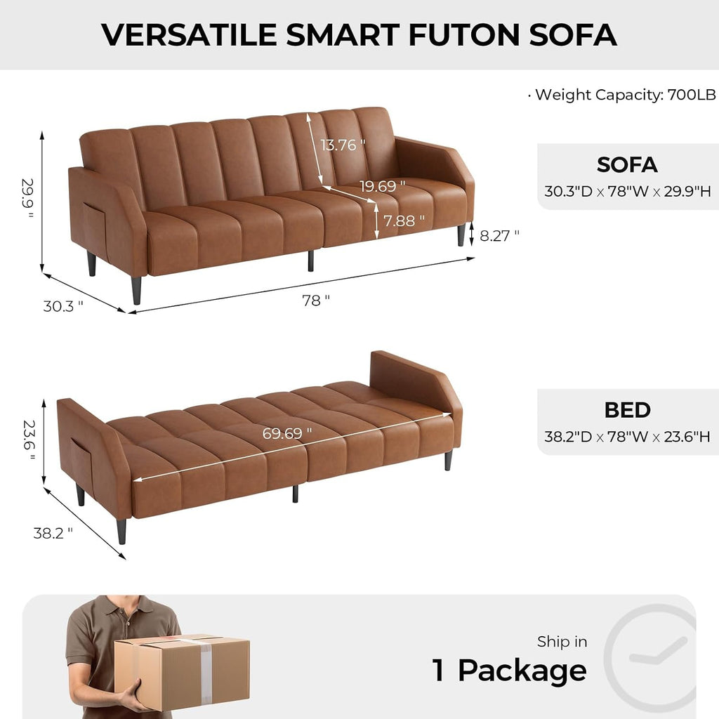 COPIAE Faux Leather Sofa Bed, 78' Futon Sofa Bed, Adjustable Futon Set Backrest, Sleeper Sofa Couch, Modern Decor Love Seat Couches, Upholstered Couch for Living Room, Bedroom, Light Brown