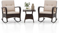 HAPPYGRILL 3 Piece Outdoor Rocking Bistro Set, Rattan Wicker Rocking Chairs with Tempered Glass Coffee Table, Rocker Chairs Set with Cushions & Pillows, for Backyard, Porch, Poolside