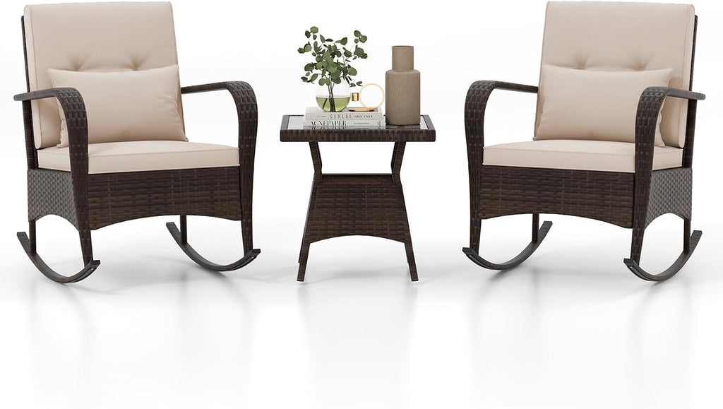 HAPPYGRILL 3 Piece Outdoor Rocking Bistro Set, Rattan Wicker Rocking Chairs with Tempered Glass Coffee Table, Rocker Chairs Set with Cushions & Pillows, for Backyard, Porch, Poolside