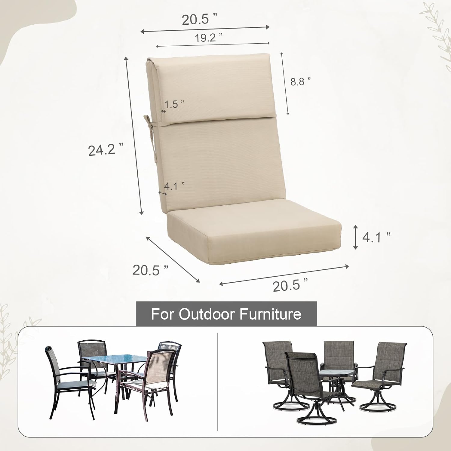 BPS 20 x 20 Inch Outdoor Rocking Chair Cushion Set of 4, Fade-Resistant and Water-Resistant Olefin Fabric Patio Chair Cushions with Removable Cover and Straps for Outdoor/Indoor Swivel, Dining Chairs