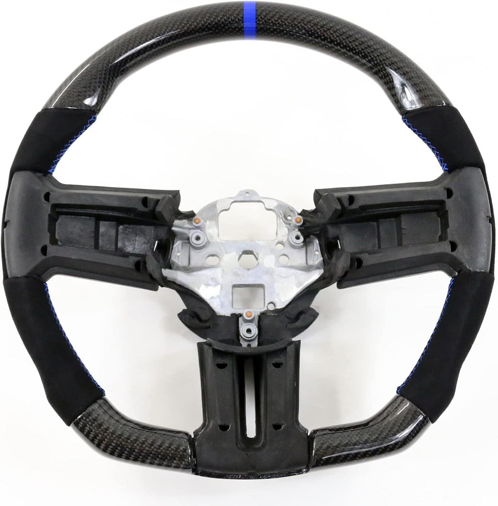 IKON MOTORSPORTS, Steering Wheel Compatible with 2010-2014 Ford Mustang, Steering Wheel Bodykit Replacement Carbon Fiber & Synthetic Suede Blue Stitch & Indicator, 2011 2012 2013