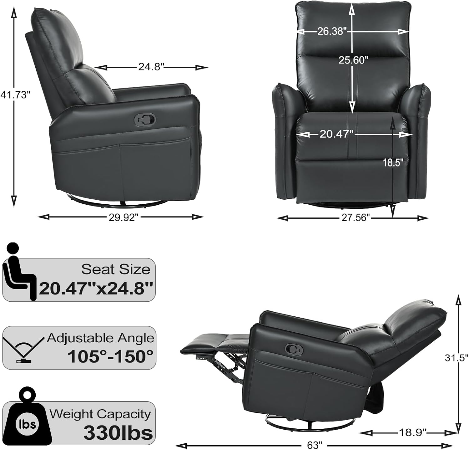 cinkehome Overstuffed Swivel Glider Recliner, Manual Swivel Rocking Recliner, Faux Leather Rocker Recliner Chair, Side Pockets, Black