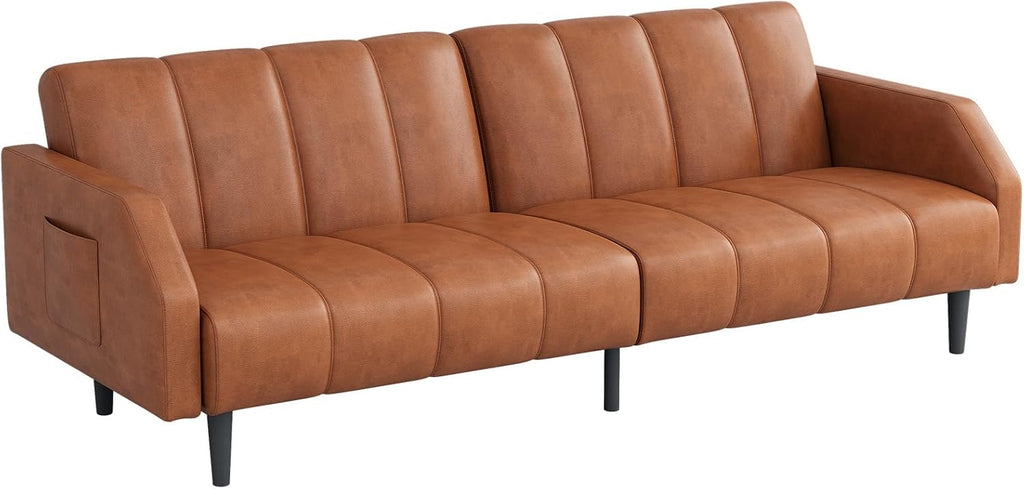 COPIAE Faux Leather Sofa Bed, 78' Futon Sofa Bed, Adjustable Futon Set Backrest, Sleeper Sofa Couch, Modern Decor Love Seat Couches, Upholstered Couch for Living Room, Bedroom, Light Brown