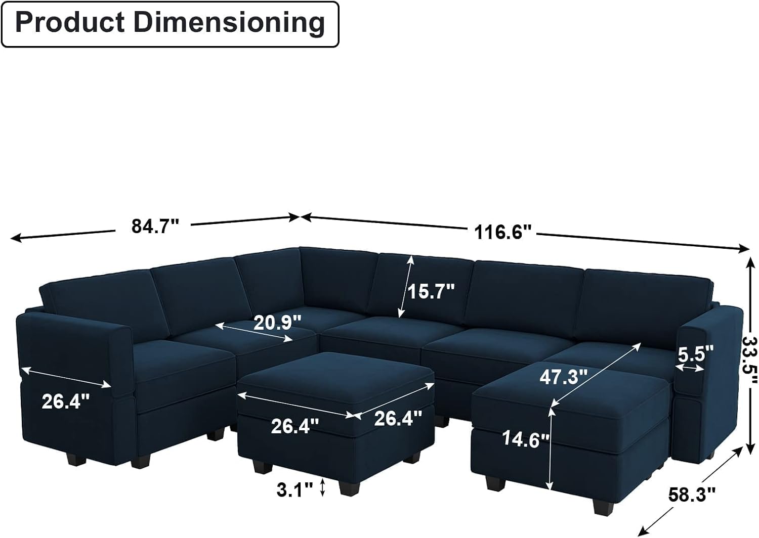 Belffin Modular Velvet Sectional Sofa with Storage Seat Oversized U Shaped Couch with Reversible Chaise Sofa Set with Ottoman Blue
