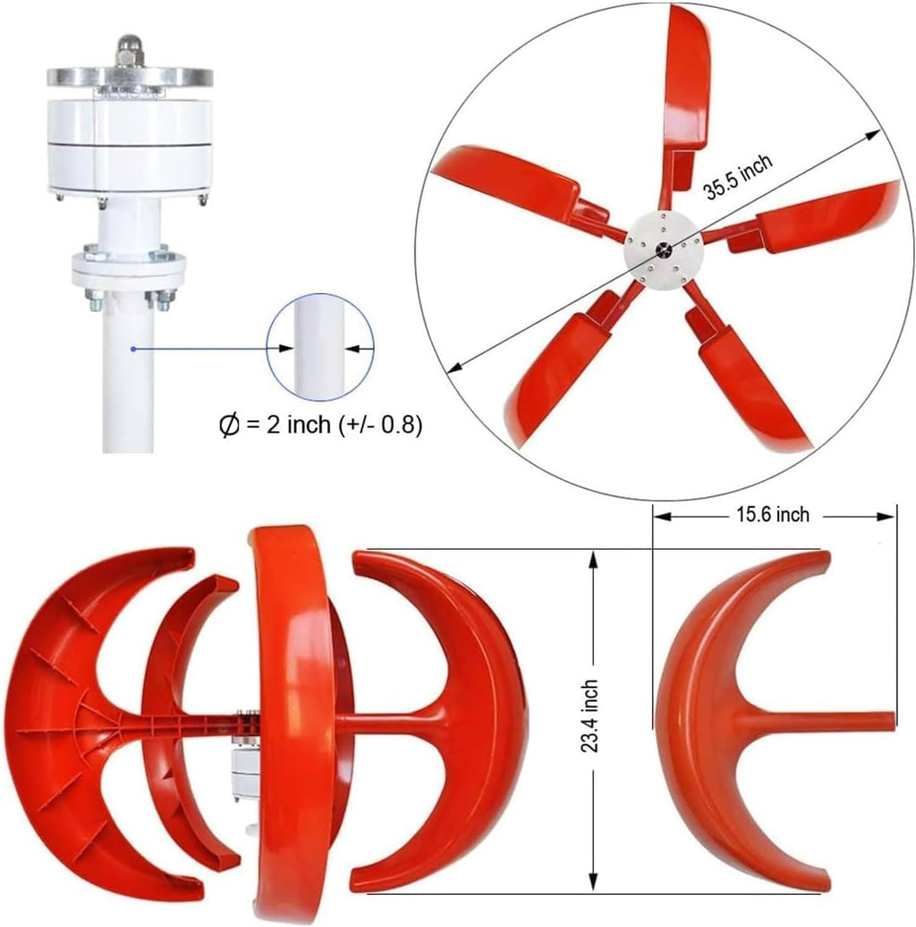 400W 600W 800W 1000W 1200W Wind Turbine Generator, 12V 24V Lantern Type Vertical Axis 5-Blade Outdoor Windmill Power Kit with Controller, for Power Supplementation,24V-600W