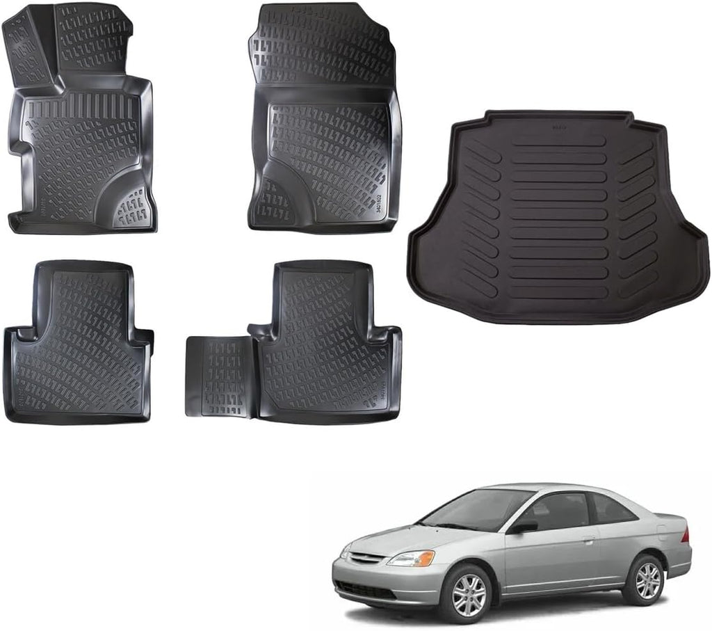 for Honda Civic Sedan 2002 2003 2004 2005 2006 3D Full Set Floor Mats Liner Cargo Liner Trunk Mat Liner 3D Waterproof Black Rubber Colour