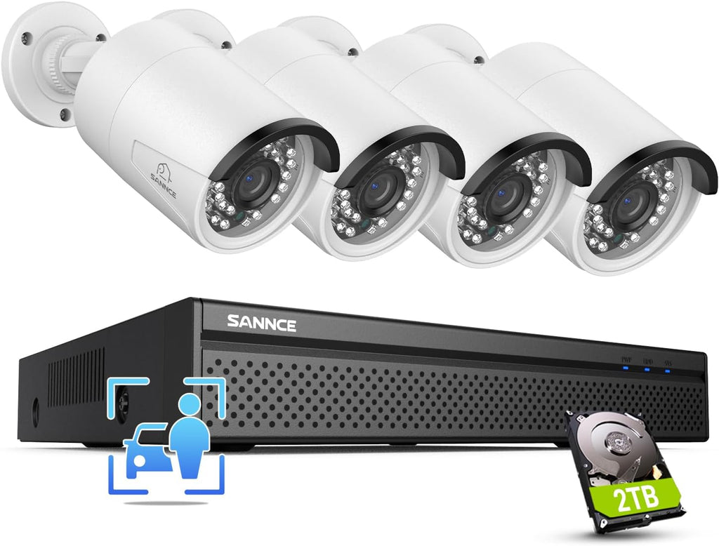 SANNCE 4K POE CCTV Home Security Camera System 8CH POE NVR Recorder with 2TB Hard Drive, 4X 5MP Outdoor Metal IP Cam 5MP Resolution, Power Over Ethernet, Easy Mobile Access with APP Alert