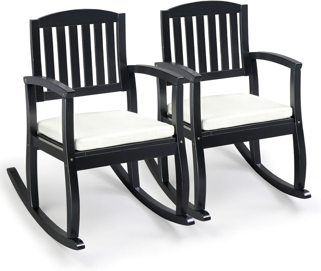 VINGLI Wooden Rocking Chair with Cushion,Outdoor Indoor Rocking Chair Supports Up to 450 lbs,Chair with Comfortable Backrest for Patio, Porch, Balcony (2, Black)