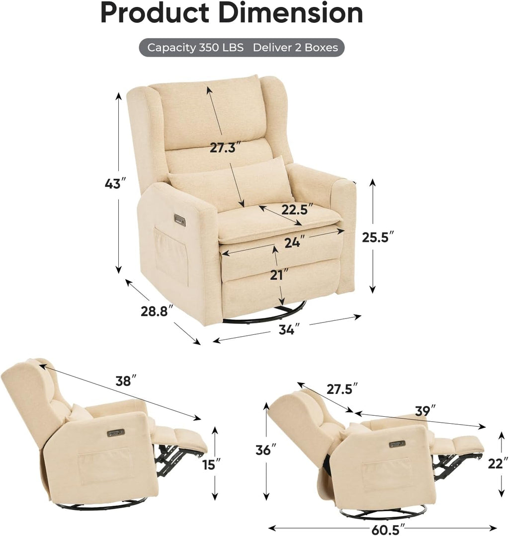 Swivel Rocker Recliner with Overstuffed Lumbar Support,Oversized Rocking Chair Nursery with Adjustable Headrest,Power Recliner Nursery Chair for Living Room,Beige