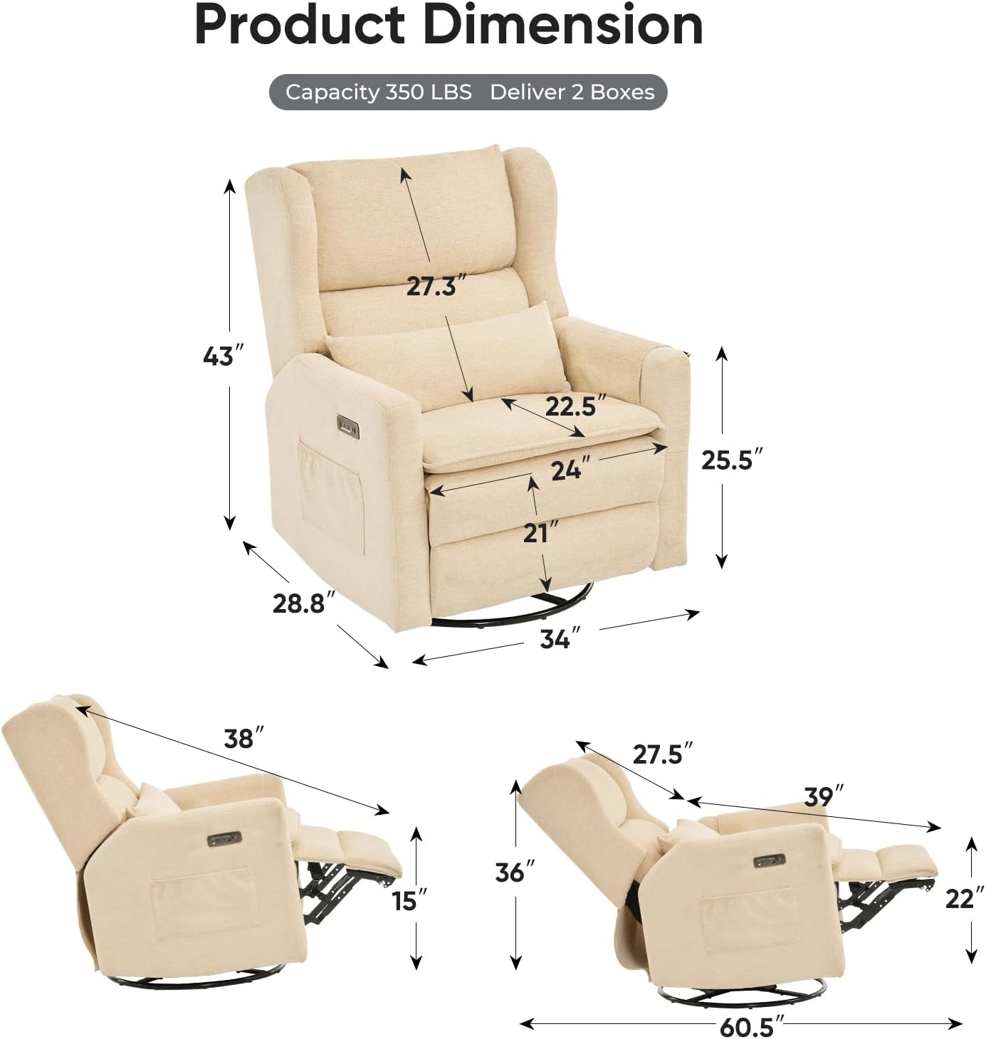 Swivel Rocker Recliner with Overstuffed Lumbar Support,Oversized Rocking Chair Nursery with Adjustable Headrest,Power Recliner Nursery Chair for Living Room,Beige