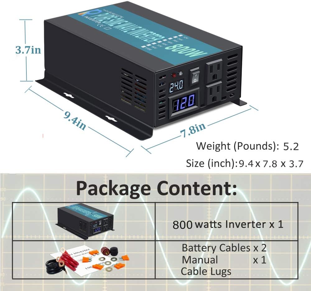 WZRELB Backup Power Off Grid Pure Sine Wave Inverter 800W 24Vdc to 120Vac 60Hz USA Outlets Power Converter, (RBP80024B1)