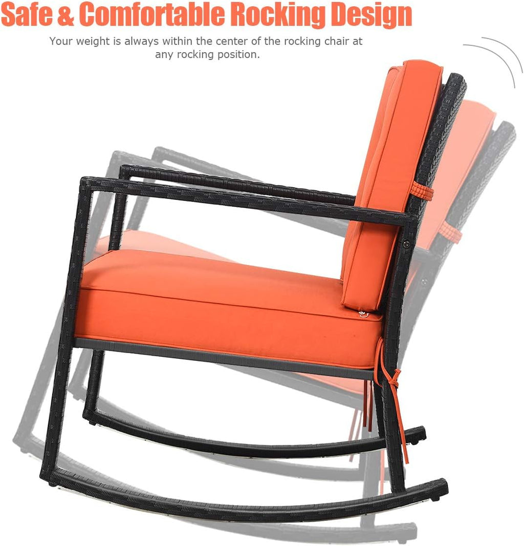 Tangkula Wicker Rocking Chair, Outdoor Rattan Rocker Chair with Heavy-Duty Steel Frame, Patio Furniture Seat with 5' Thick Cushion for Garden, Porch, Backyard, Poolside (1, Orange)