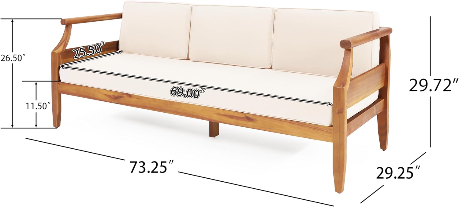 Christopher Knight Home Aston Outdoor 3 Seater Sofa, Upholstered Cushion Couch, Acacia Wood Bench Sofa, Slat Armchair, 73.25' W Spacious Seating Bench Couch for Gardern Porch Balcony, Teak+Beige