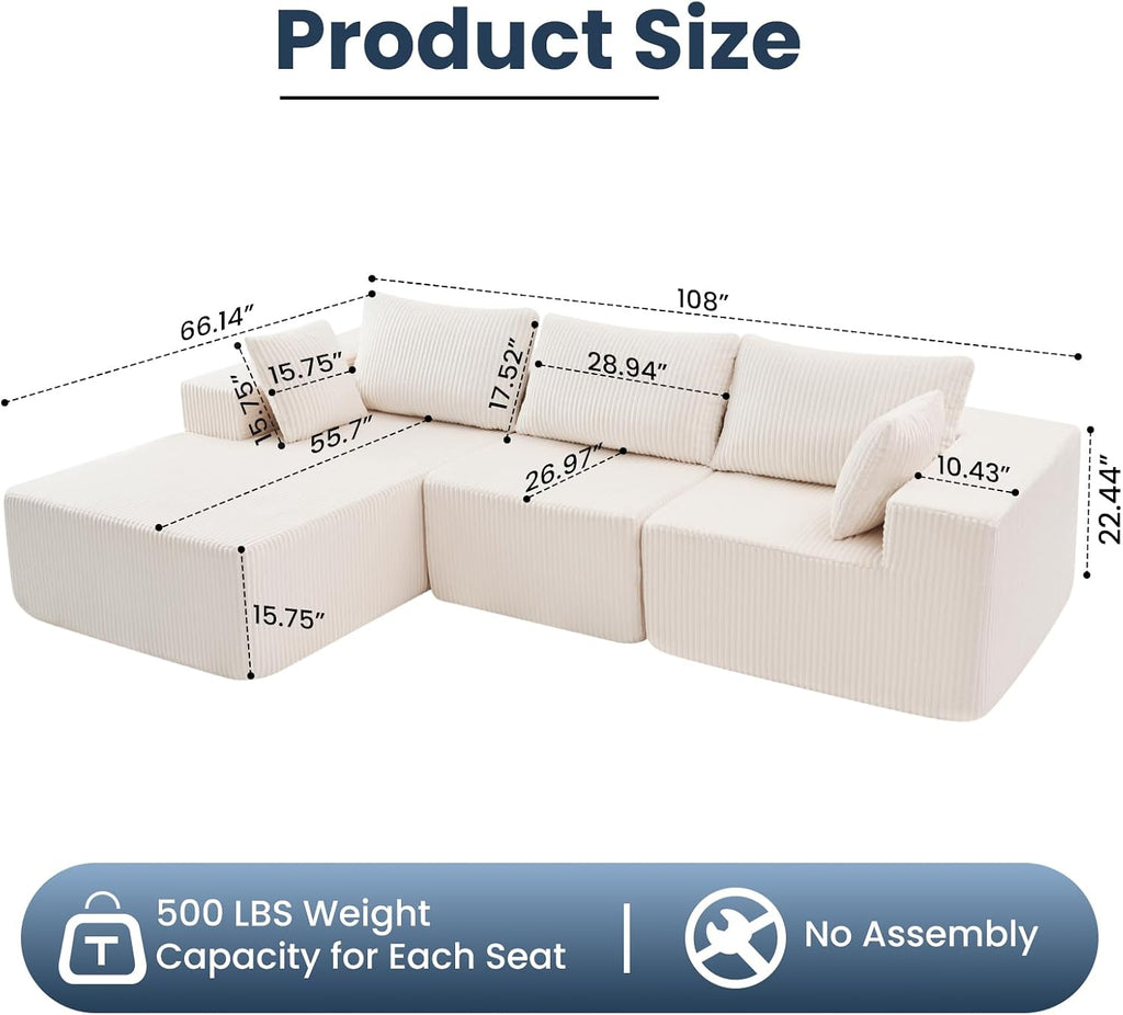 DUMOS 108' Boneless Couch, Cloud Sectional Couch with L-Shape Chaise, Modular Sectional Sofa with Deep Seat, Upholstered Couch for Living Room Bedroom, No Assembly Required, Beige, Left Facing Chaise