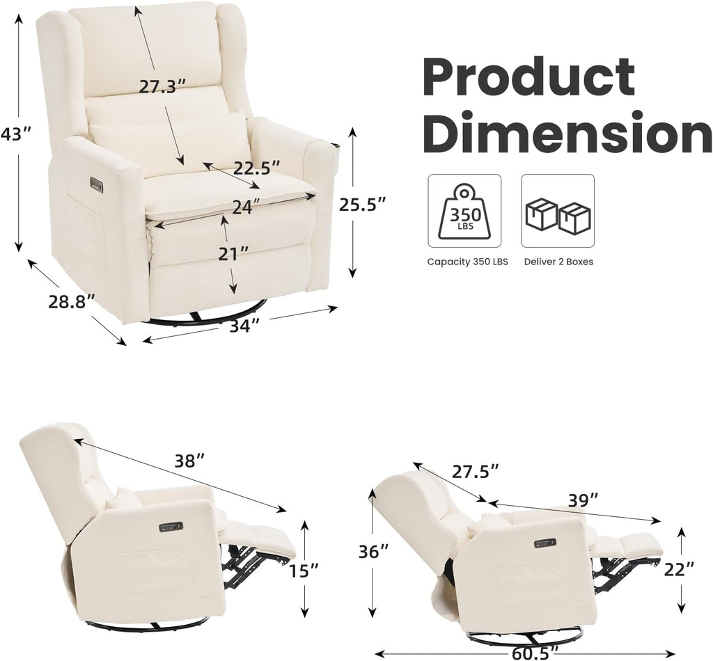 Oversized Swivel Rocker Recliner with Lumbar Cushion,Power Recliner Nursery Chair with Adjustable Headrest,Nursery Glider Recliner for Living Room,White