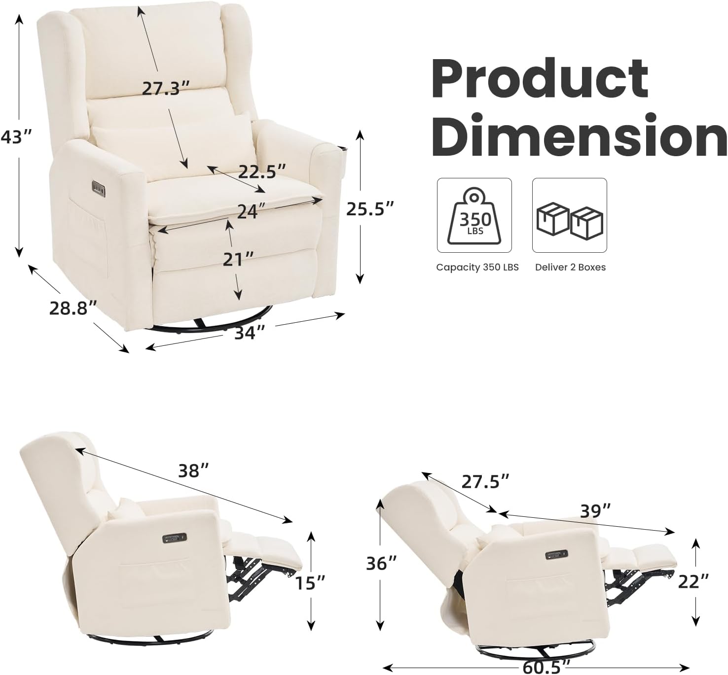 Oversized Swivel Rocker Recliner with Lumbar Cushion,Power Recliner Nursery Chair with Adjustable Headrest,Nursery Glider Recliner for Living Room,White